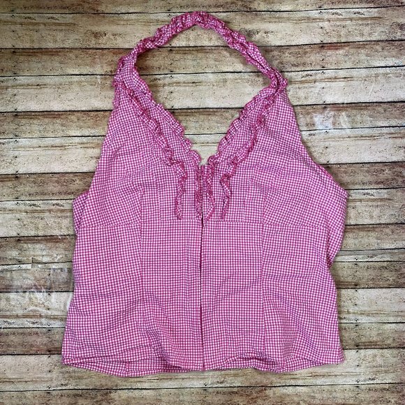 Vintage Tops - Y2K White & Pink Gingham Ruffle Halter Crop Top XL